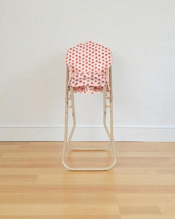 Rosie Rose doll high chair with vintage pink rose print quilted seat and champagne folding metal frame