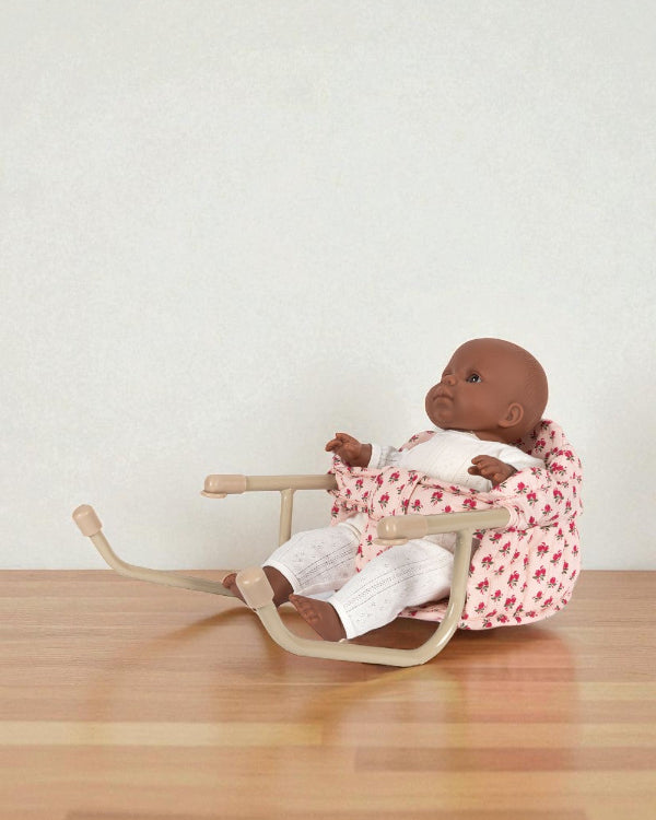 Rosie Rose table chair with vintage pink rose print fabric and champagne clamp frame, shown with doll seated at table