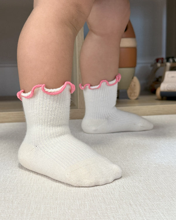Close-up of ruffle trim detail on toddler socks with reinforced heel area