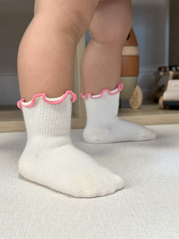 Close-up of ruffle trim detail on toddler socks with reinforced heel area