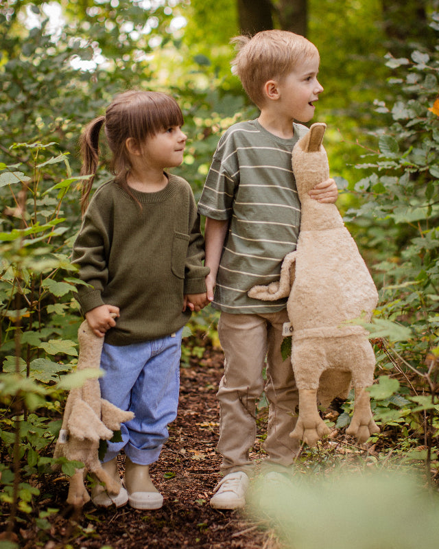 Close-up of Senger cream goose showing soft plush texture and embroidered eye detail