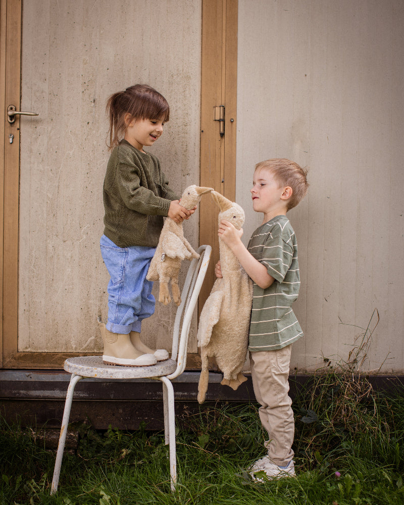 Small cream goose with grape seed warming pillow perfect for baby sleep comfort