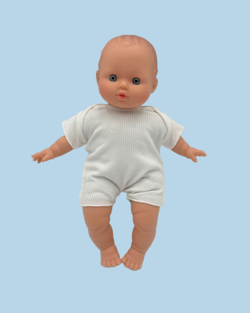 Ribbed doll romper white 11 inch soft body French cotton OEKO-TEX certified