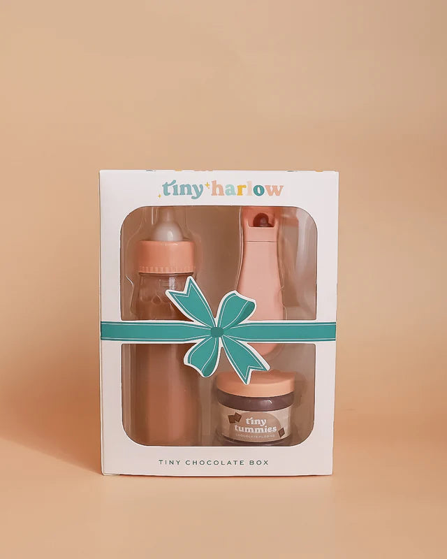 Tiny Harlow Chocolate Box Set in gift-ready presentation box with clear window showing chocolate-themed feeding accessories