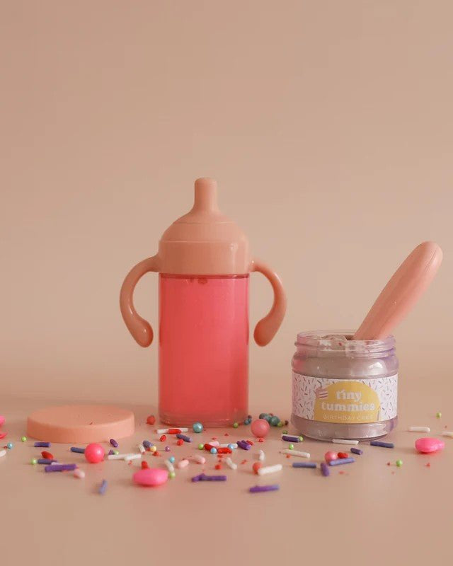 Realistic play kitchen accessories with Tiny Harlow birthday set blend doll bottle