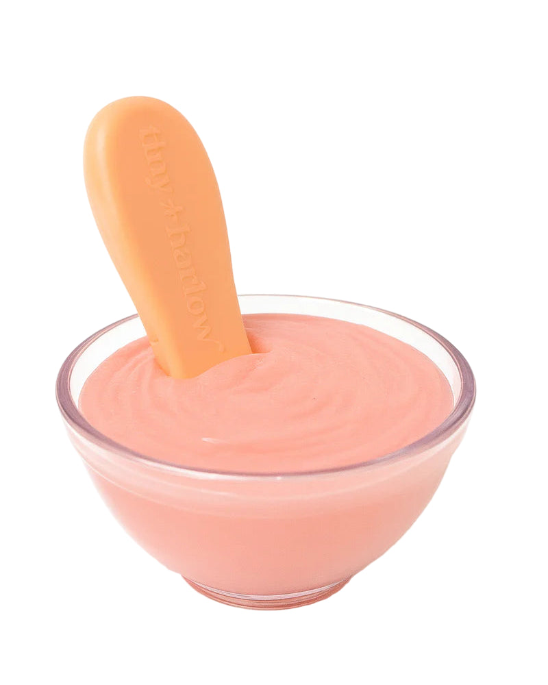 Tiny Harlow Strawberry Yogurt Bowl with pink yogurt and interactive retractable spoon for realistic doll feeding
