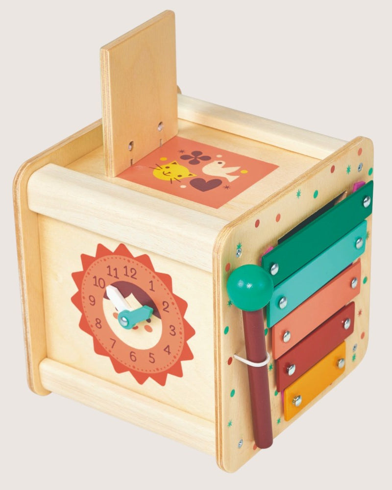 Mentari Toddler Activity Cube showing six-sided wooden learning toy with multiple activities