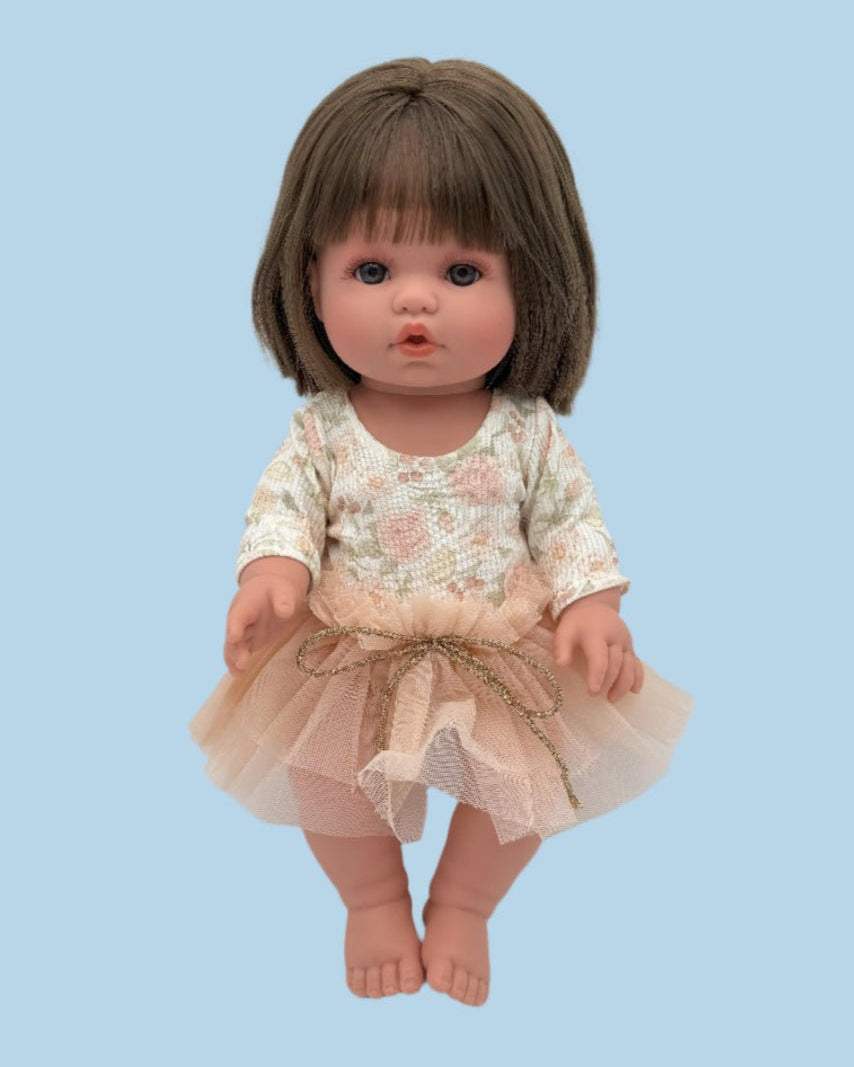 Rose garden print doll bodysuit with blush pink tutu for 11 13 14 inch dolls