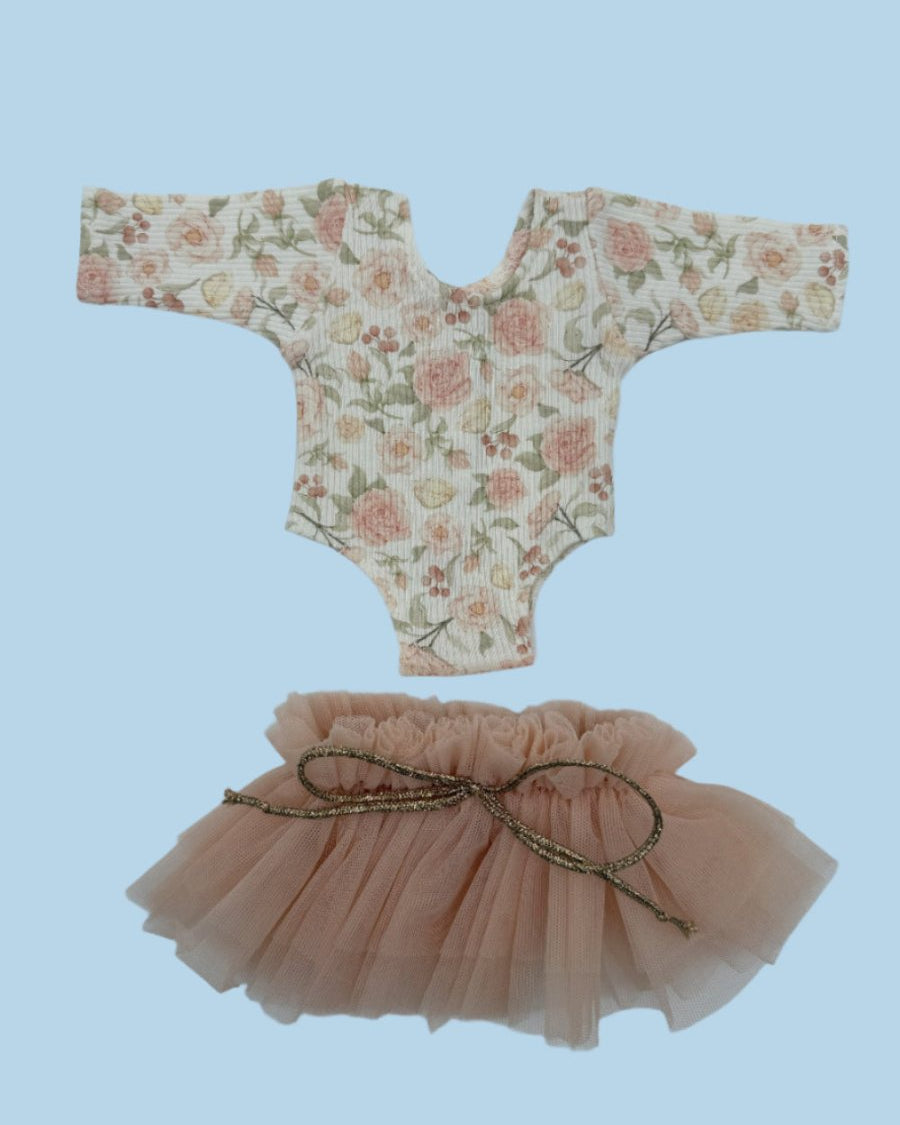 Floral doll tutu bodysuit set with long sleeves and velcro back closure