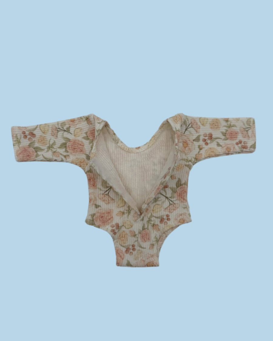 Cotton ribbed doll bodysuit in rose print with matching tulle tutu