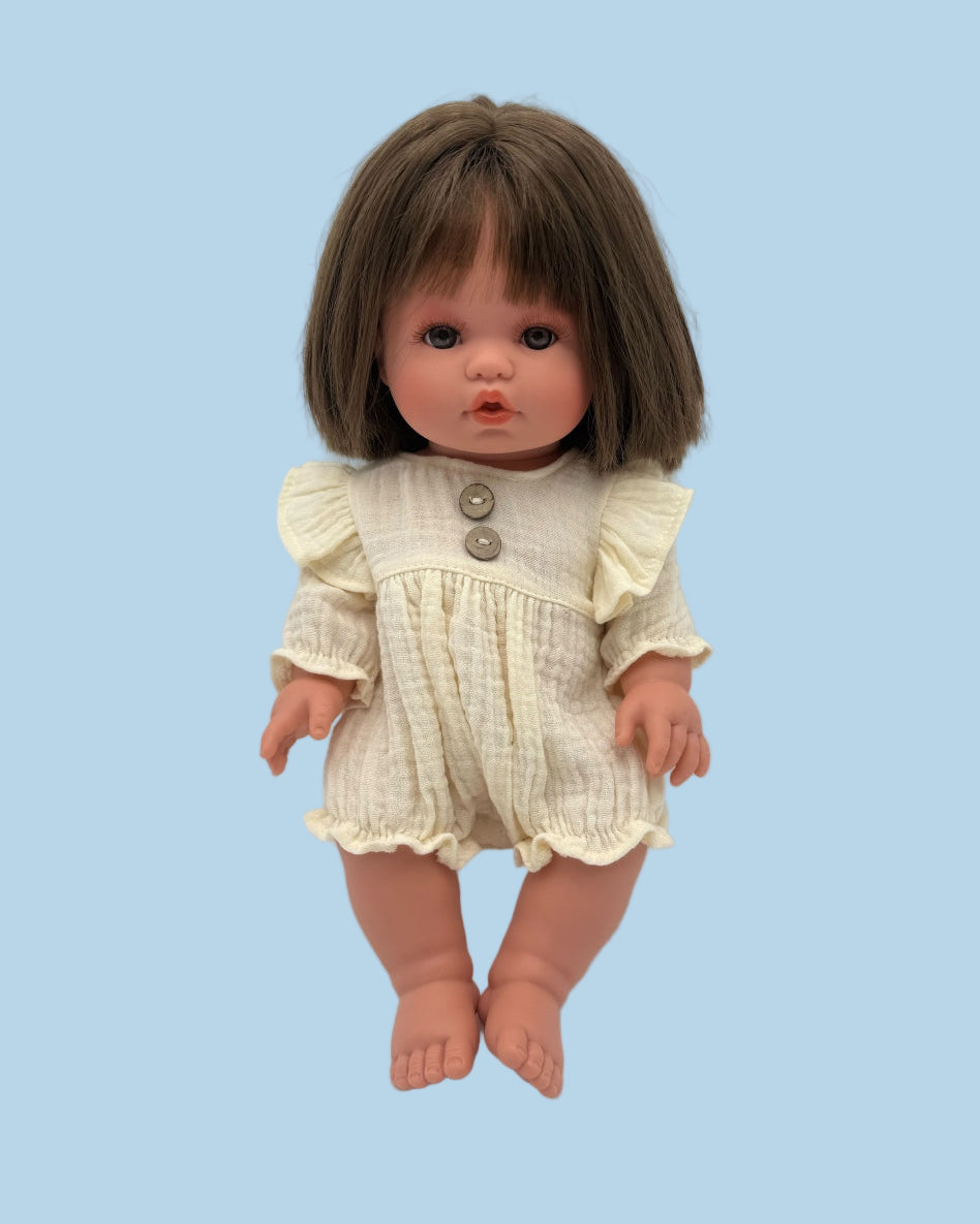 Vanilla cream muslin romper with flutter sleeves and decorative buttons for 11" and 13" dolls