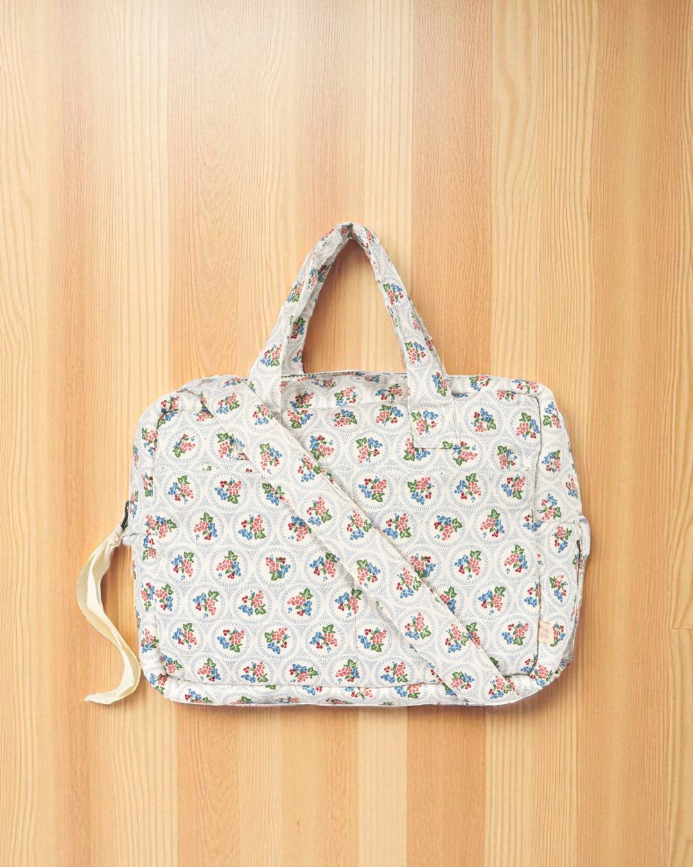 Verona Blues floral doll diaper bag with vintage botanical print on cream canvas background