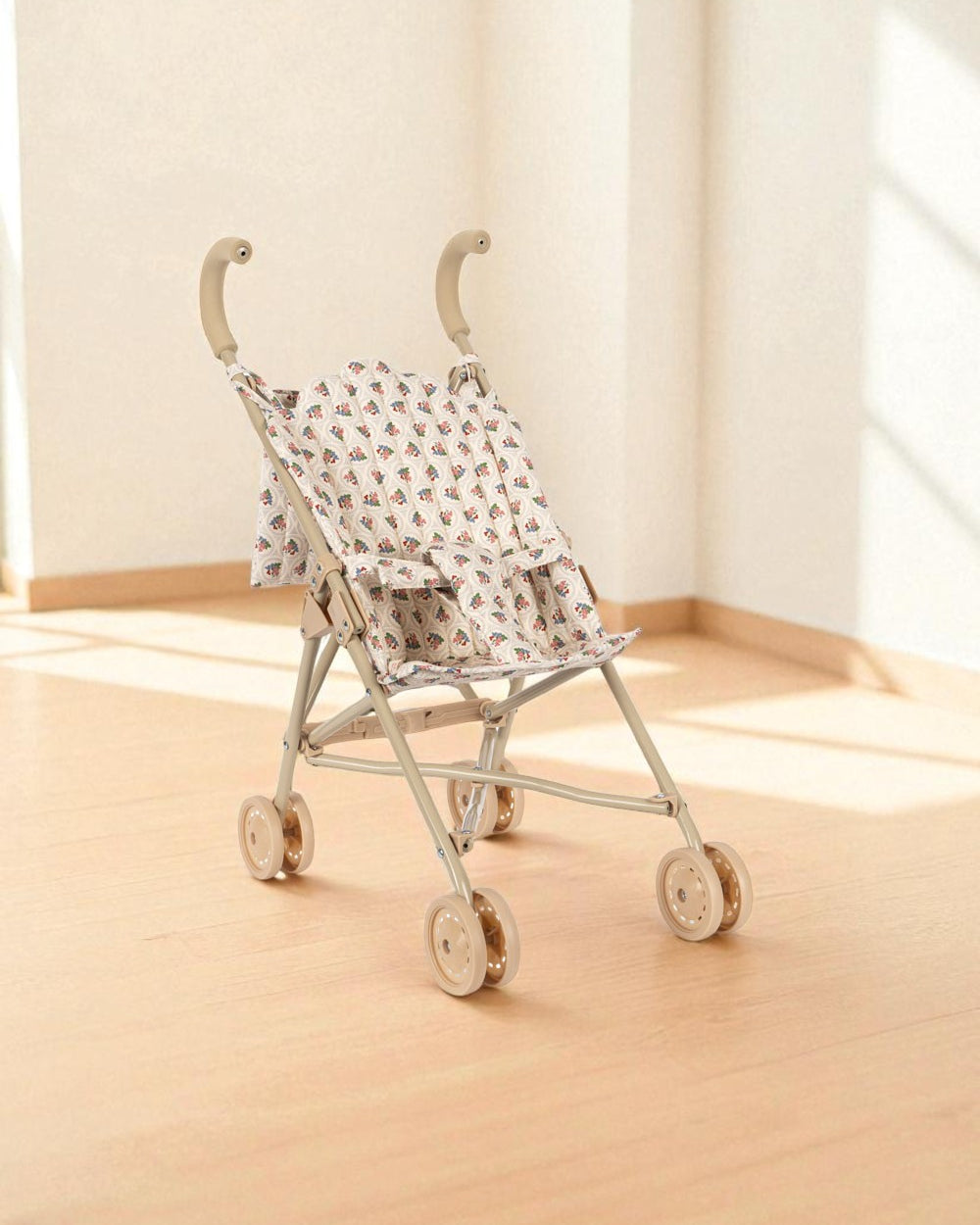 Verona Blues cottage floral doll stroller with steel frame and wooden wheels for pretend play