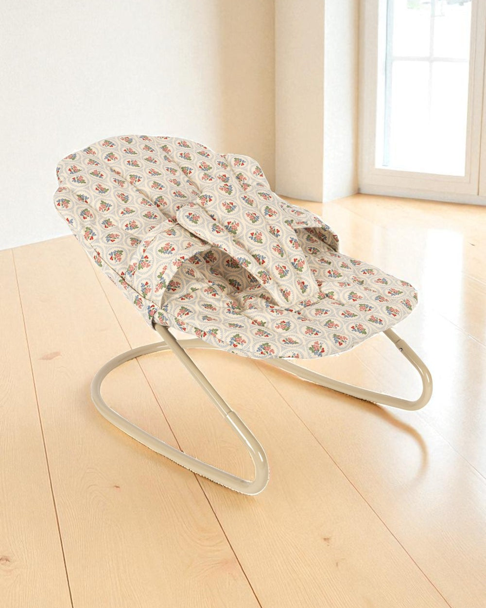 Verona Blues doll bouncer with Italian-inspired floral print fabric seat and champagne metal frame showing complete Mediterranean design