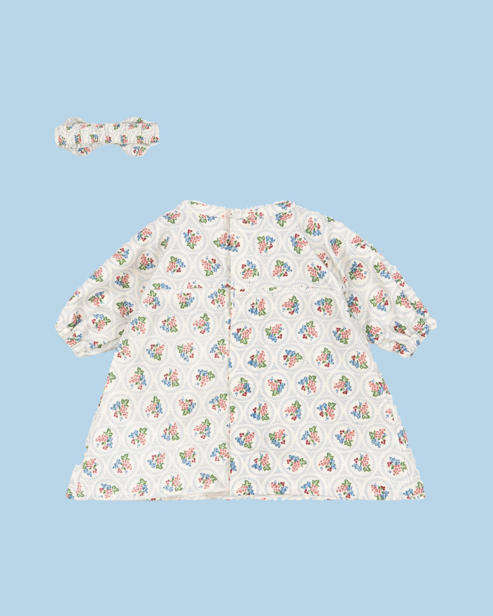 Full view of organic cotton Verona Blues dress with coordinating elastic ribbon headband