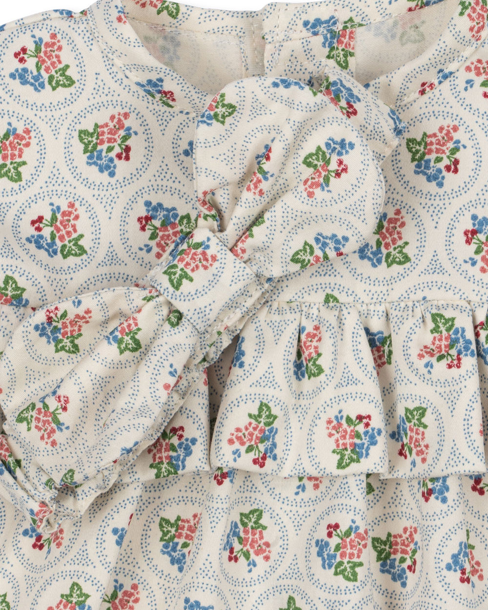 Close-up of vintage botanical print fabric with gathered empire waist on doll dress