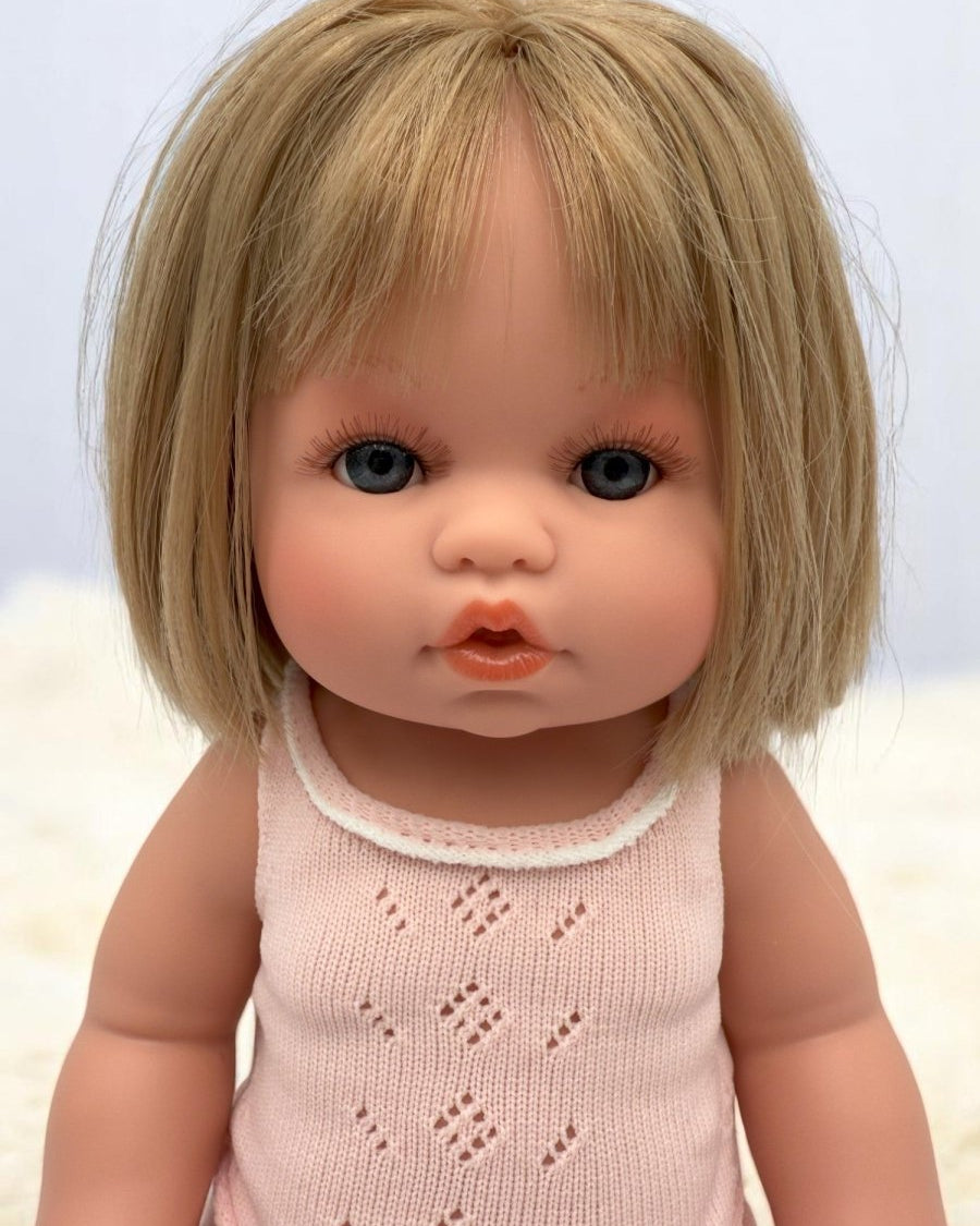 Lifelike Vienna baby doll with blue eyes and blonde bob haircut for toddlers emotional development