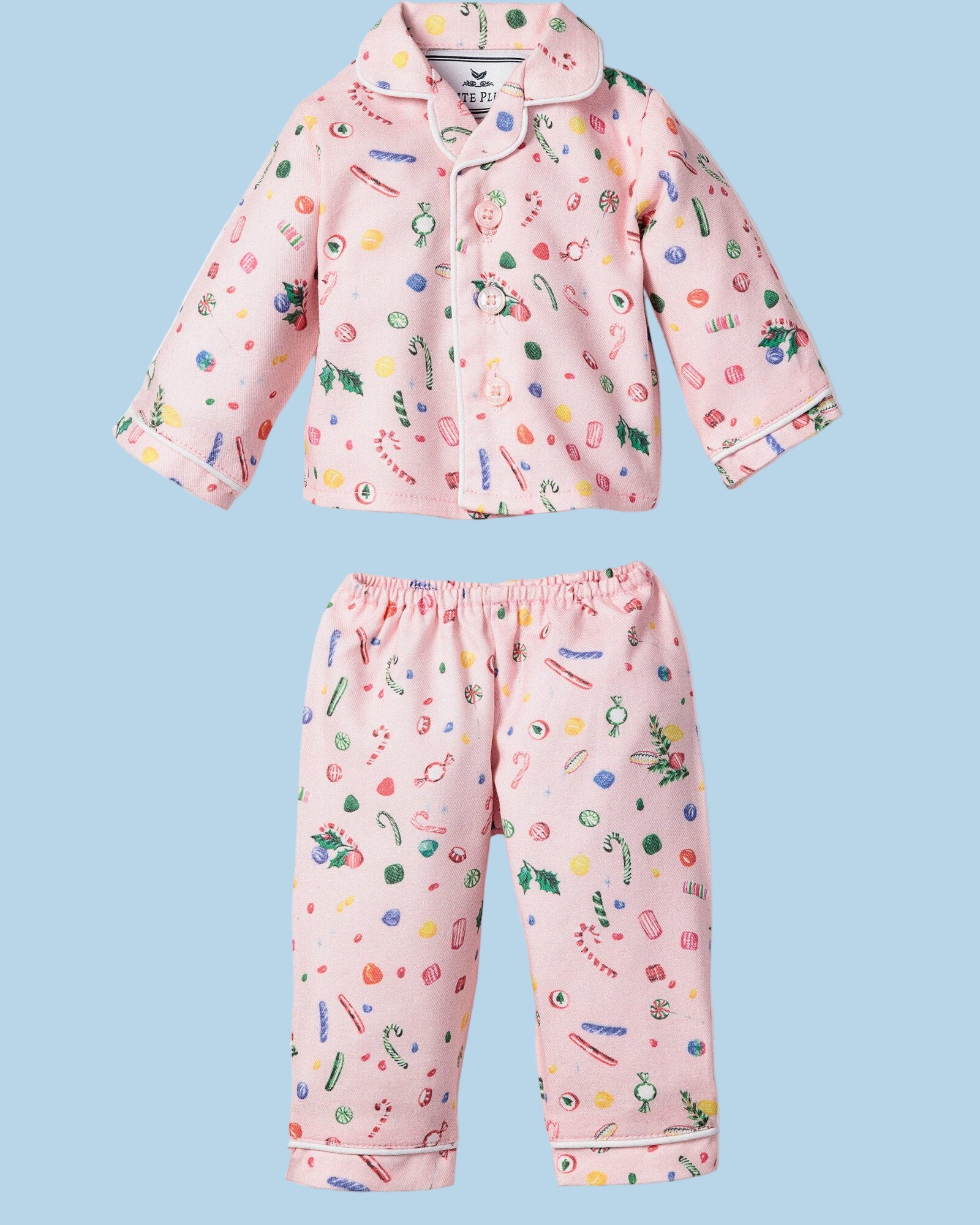 Vintage Sweets doll pajamas in pink candy print matching children's sleepwear for 18-inch dolls