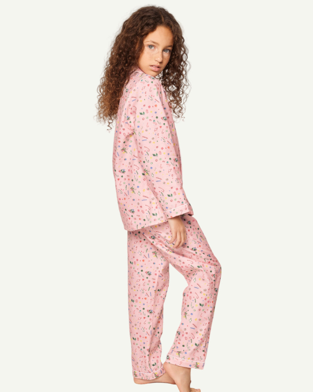 Brushed cotton Vintage Sweets pajamas showing relaxed fit and playful confectionery motifs