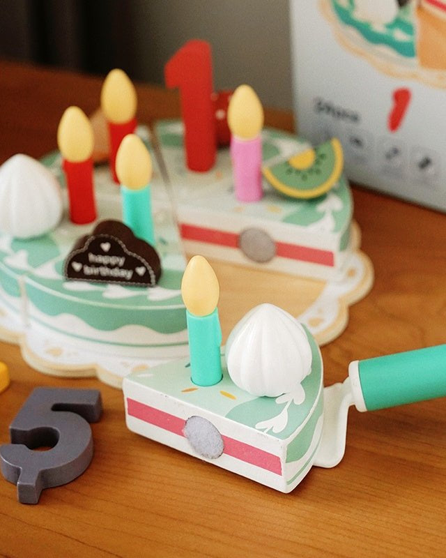 Premium quality wooden birthday cake toy featuring non-toxic water-based paint and rounded edges