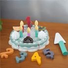 Wooden Montessori birthday cake toy with removable slices and colorful number pieces for pretend play