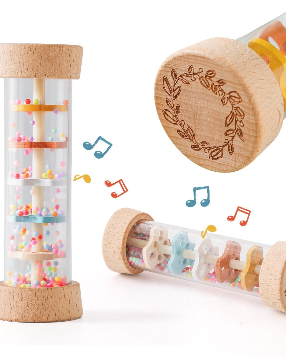 Quality features of wooden Montessori rain sound cylinder showing child-safe paint and sturdy construction