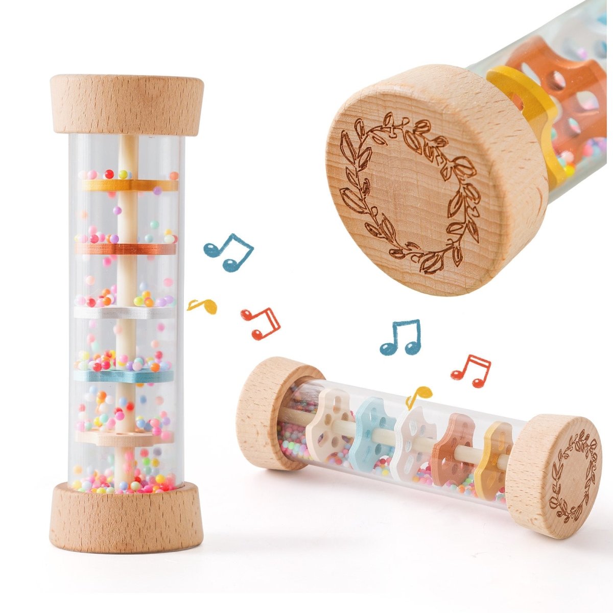 Quality features of wooden Montessori rain sound cylinder showing child-safe paint and sturdy construction