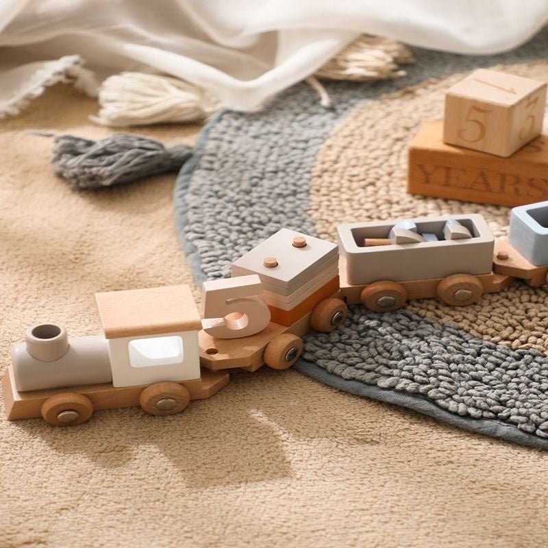 Handcrafted wooden Montessori train set with four connecting cars in natural wood and pastel colors
