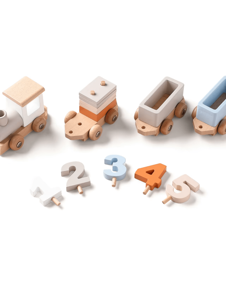 Sustainable wooden train set promoting fine motor skills and imaginative play for ages 3+