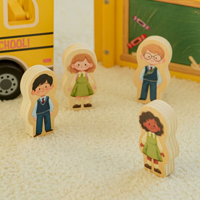 Dimensional diagram showing school bus at 7.2 inches long and character figures at 2.2 inches tall