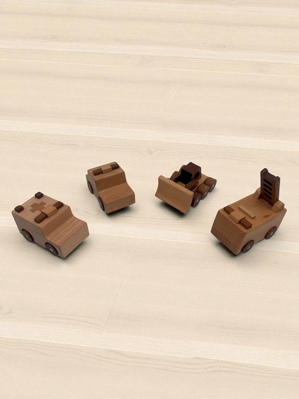 Emergency wooden vehicle set with ambulance police fire truck excavator beech wood toy vehicles