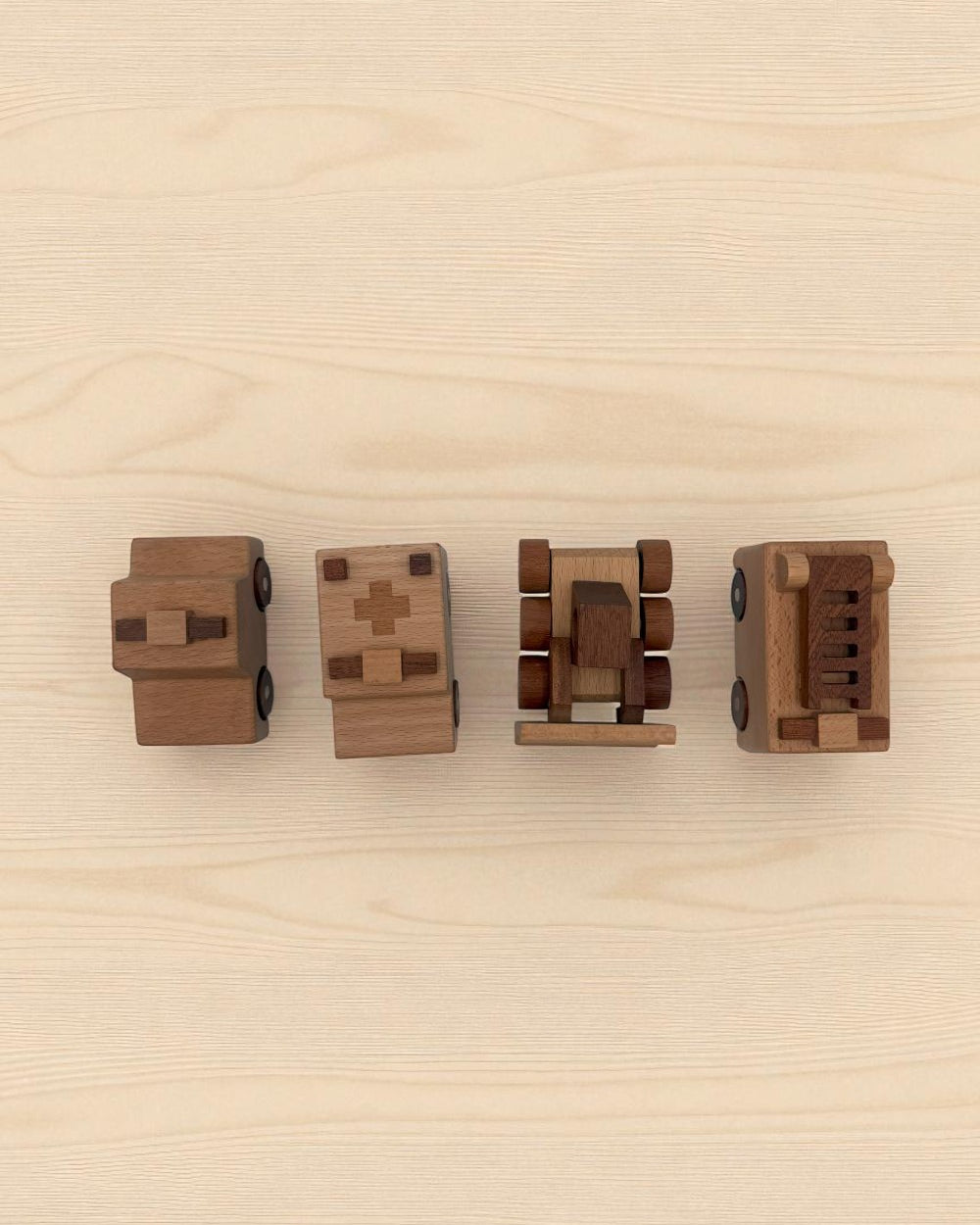 Four piece wooden community helper vehicle collection solid beech wood construction rolling wheels