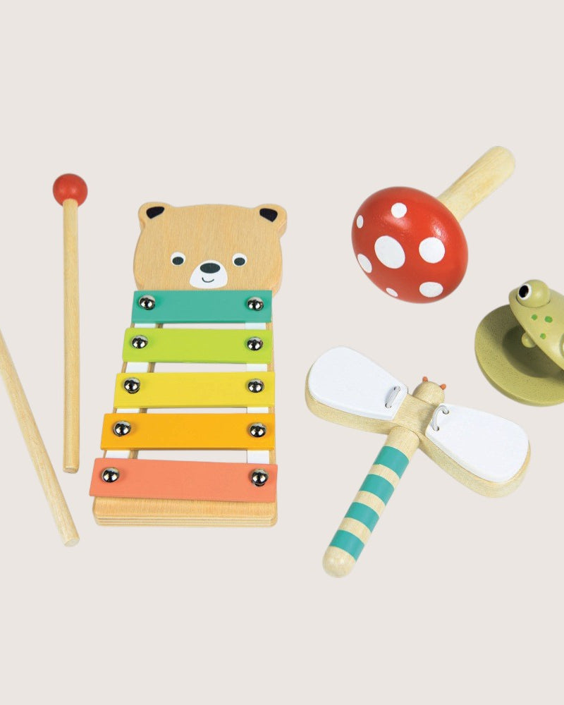 Mentari Woodland Music Set with bear xylophone dragonfly clacker maraca and castanet