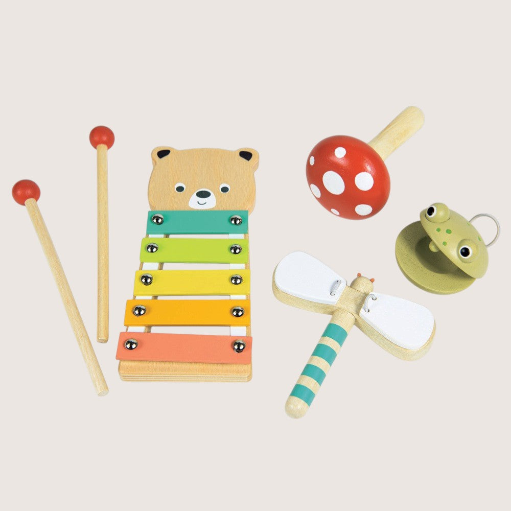 Mentari Woodland Music Set with bear xylophone dragonfly clacker maraca and castanet