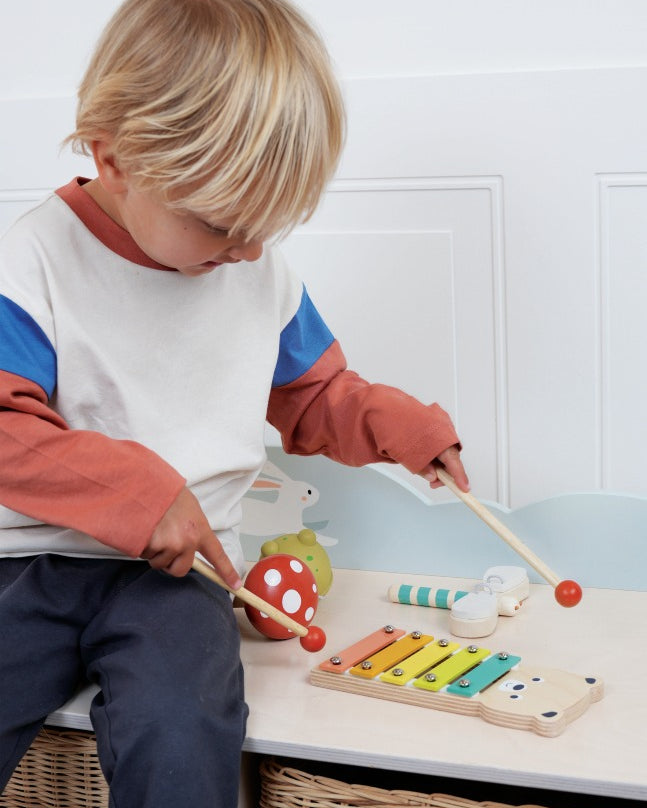 Close-up of sustainable wooden Mentari music toys with colorful details