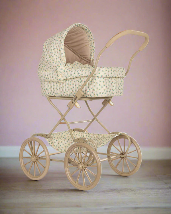 Fleur coloré vintage doll pram with cream quilted fabric and delicate scattered French florals on four large wheels