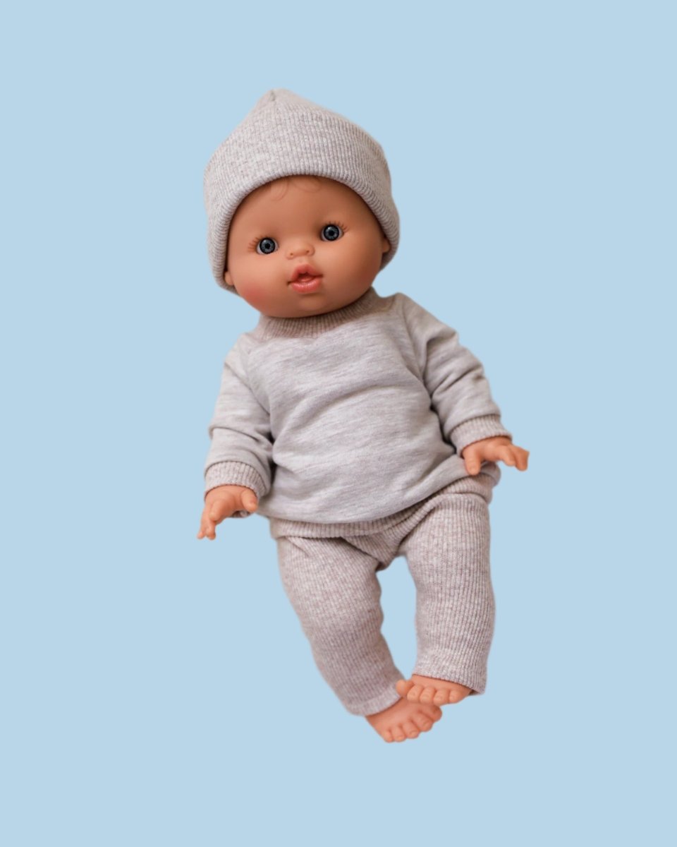 Snow day baby doll outfits with miniature mittens