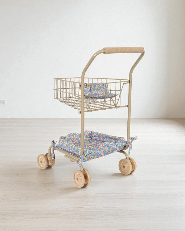 Fleur Rosier kids shopping cart with blue floral print fabric seat and basket, champagne metal frame and smooth-rolling wheels