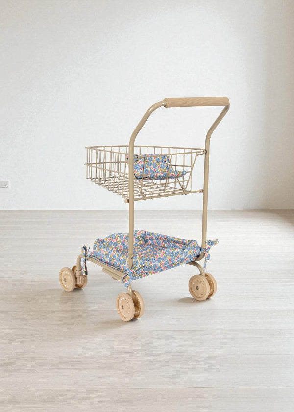 Fleur Rosier kids shopping cart with blue floral print fabric seat and basket, champagne metal frame and smooth-rolling wheels