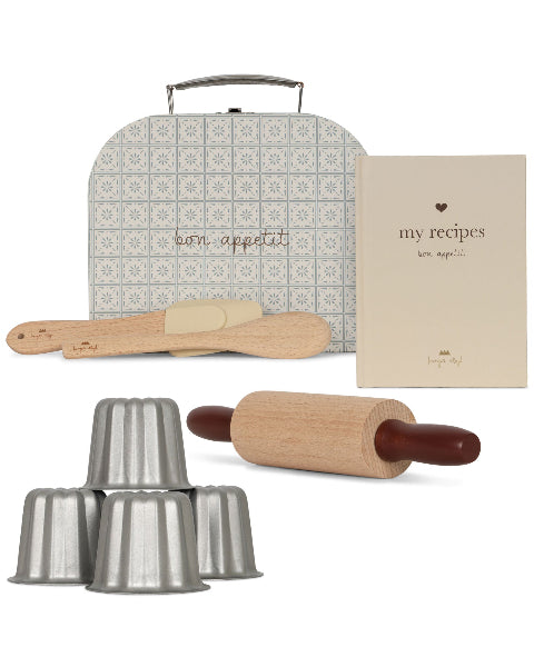 Real baking set for kids featuring natural wood tools and professional steel molds with storage box