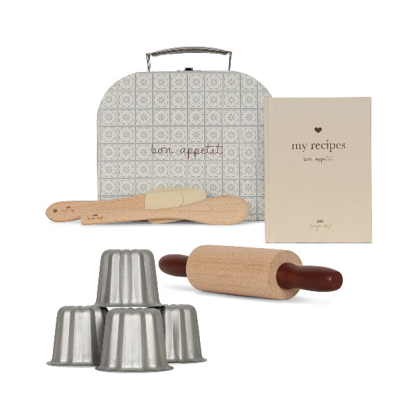 Real baking set for kids featuring natural wood tools and professional steel molds with storage box