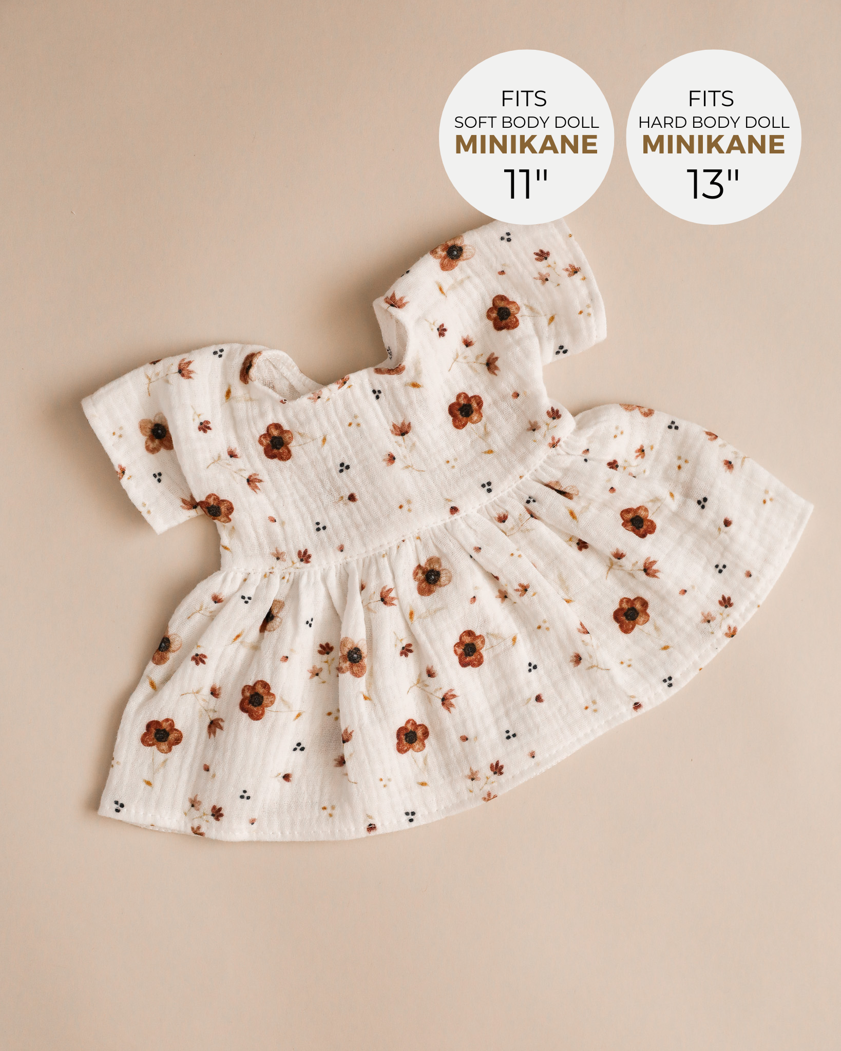 Minikane Doll Clothes | Doll Muslin Dress - Brown Flowers