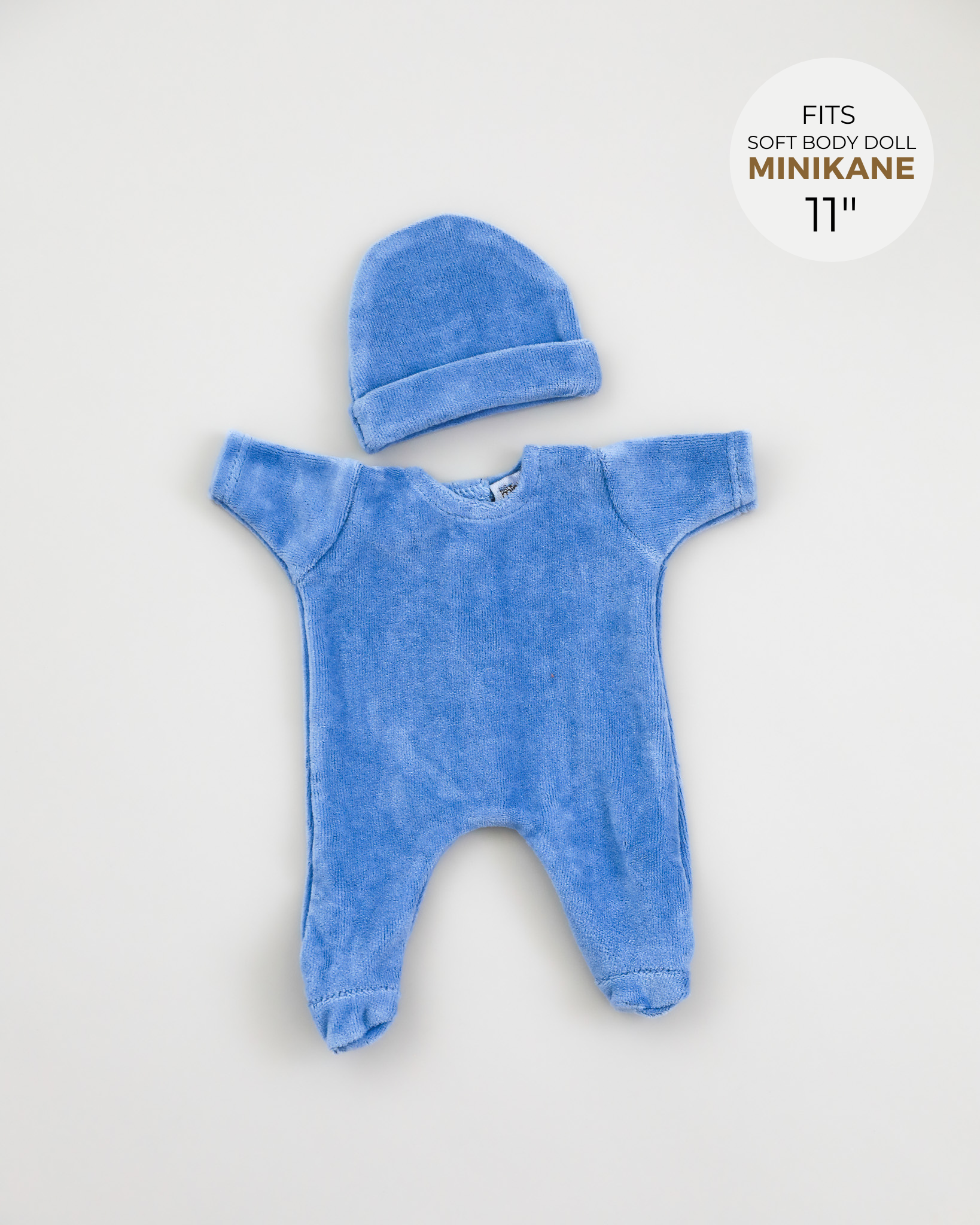 Minikane Doll Clothes | Soft Body Doll Velvet Bodysuit with Hat - Sky Blue