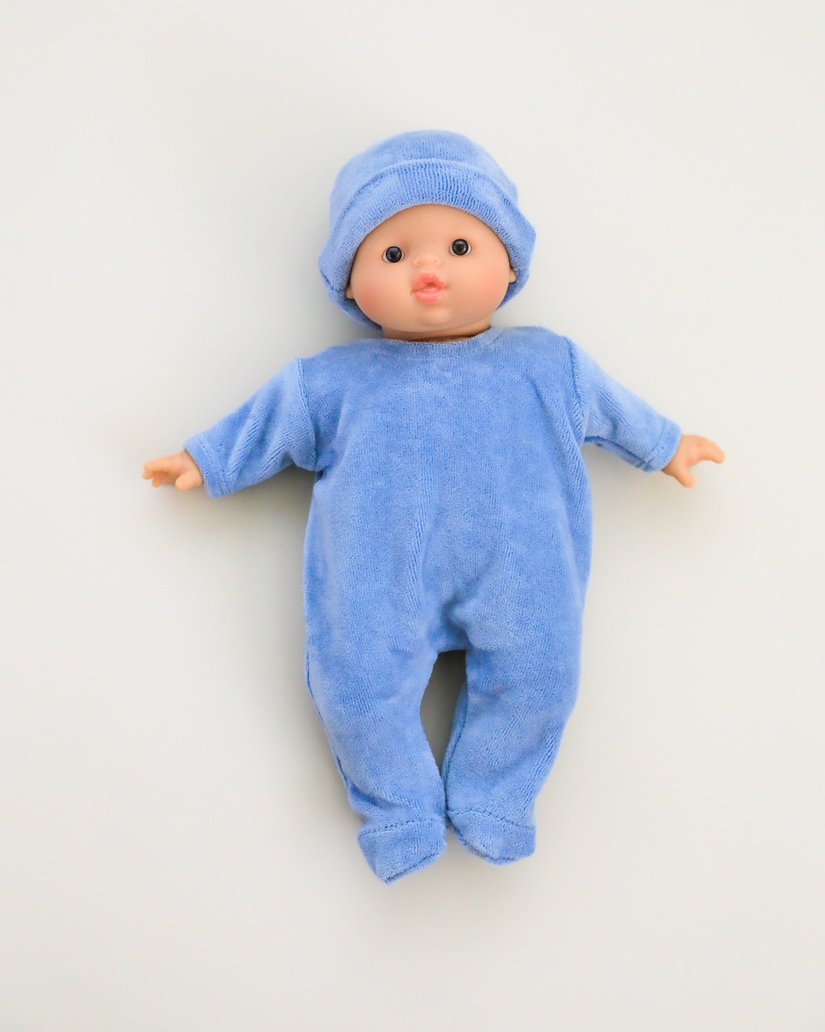 Minikane Doll Clothes | Soft Body Doll Velvet Bodysuit with Hat - Sky Blue