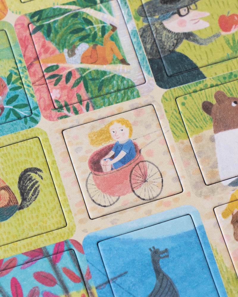 Colorful children's puzzle with illustrated scenes of animals and characters.