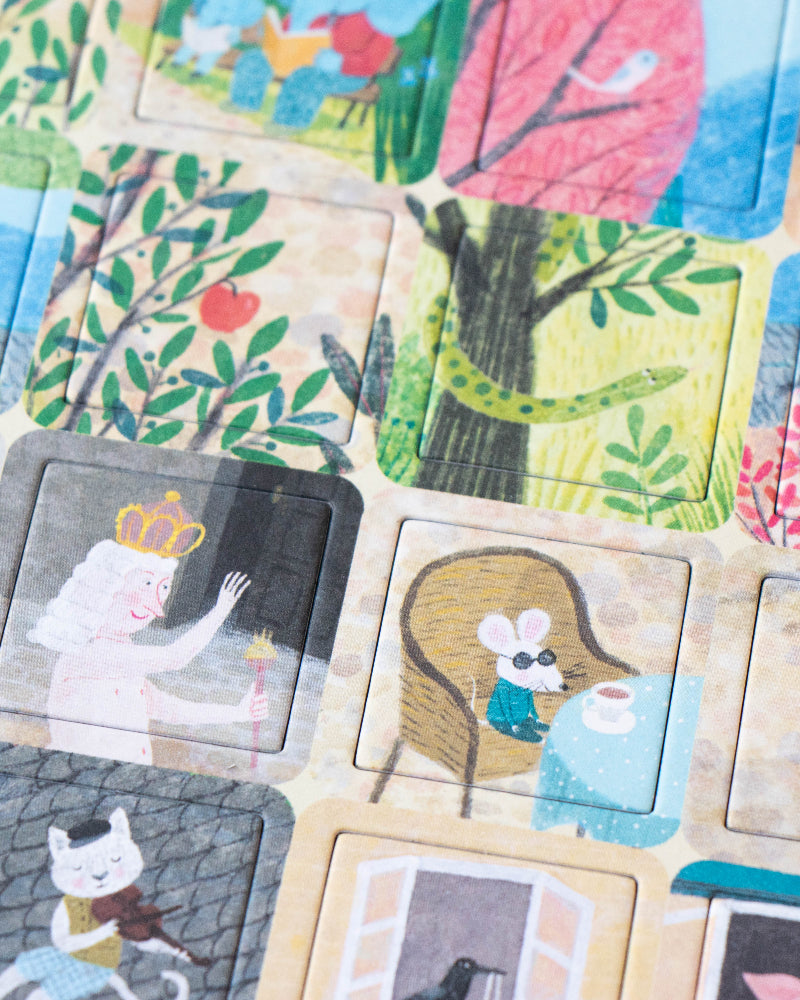 Collection of colorful illustrated cards with various scenes and characters.