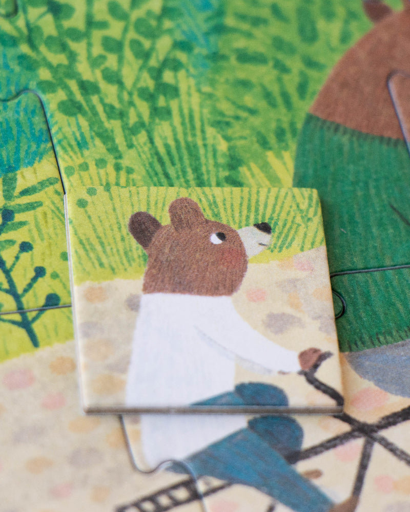 Jigsaw puzzle with animal characters in a forest setting