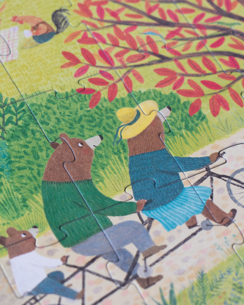 Children's puzzle with bears in a garden setting