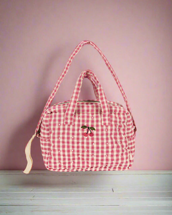 OEKO-TEX cotton doll diaper bag featuring classic pink and white checkered design with exterior pocket