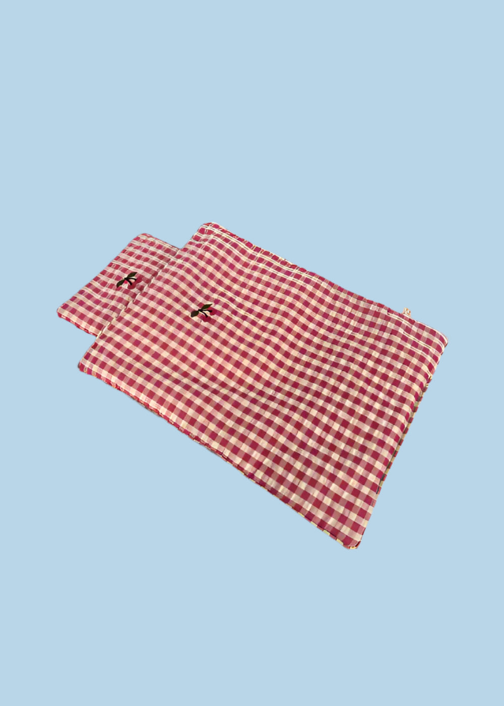 Bubblegum check doll bedding set with pink gingham pillow and blanket featuring cherry embroidery